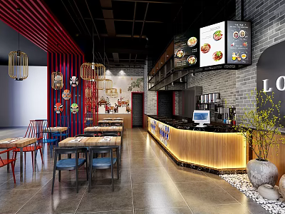 Modern Restaurant Interior With Dining Tables Chairs Pendant Lights And Bar Counter 3d model