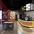 Modern Restaurant Interior With Dining Tables Chairs Pendant Lights And Bar Counter