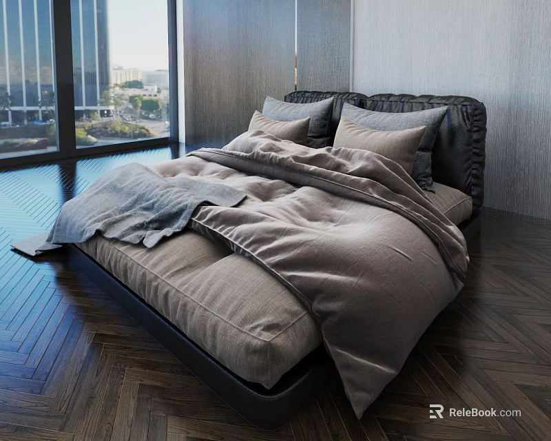 Modern Double Bed With Gray Bedding And Large Windows City View Herringbone Floor 3d model 