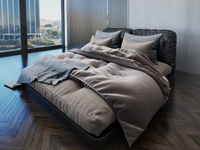 Modern Double Bed With Gray Bedding And Large Windows City View Herringbone Floor 3d model