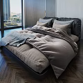 Modern Double Bed With Gray Bedding And Large Windows City View Herringbone Floor