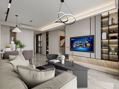 Modern Living and Dining Room Interior With Sofa Coffee Table TV Wall And Bookshelf 3d model