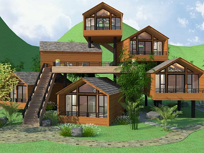 Rustic Wooden Mountain Lodge With Multiple Levels And Green Hills 3d model