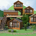 Rustic Wooden Mountain Lodge With Multiple Levels And Green Hills
