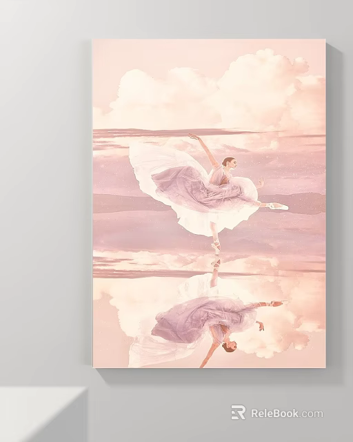 Watercolor Landscape Painting With Ballerina In Purple Dress Water Surface Reflection Pink Purple Sky Clouds 3d model 