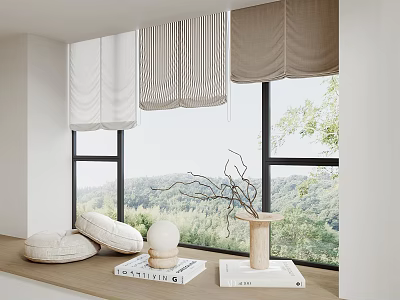 Neutral Toned Roman Blinds with Textured Design for Windows Overlooking Green Landscape and Decorative Pillows 3d model