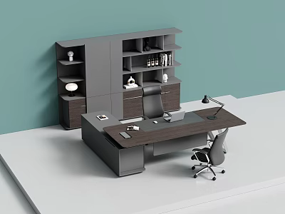 Modern Wooden Desk With Office Chair Desk Lamp And Bookshelf Cabinet Against Light Blue Wall 3d model