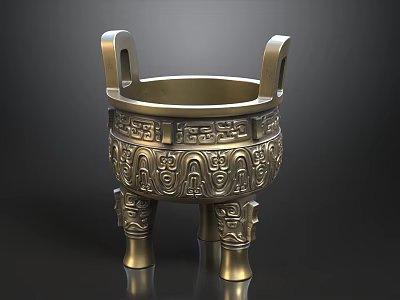 Traditional Bronze Tripod Cauldron With Intricate Carvings And Three Legs 3d model