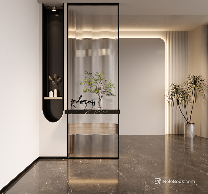 Modern Decorative Glass Partition Design For Interior Space With Plants And Ornaments 3d model 