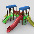 Colorful Playground Equipment with Blue Canopies Red Yellow Slides Green Spiral Ladder and Yellow Stairs