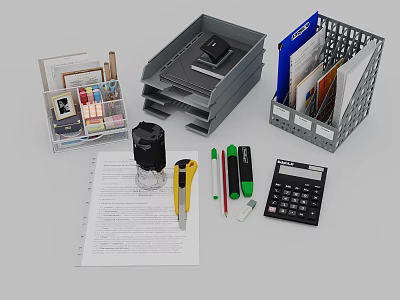 Office File Organizers With Calculator Pens Tape Hole Punch And Papers 3d model