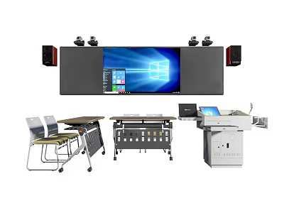 Modern Classroom Setup With Large Interactive Screen Teacher Desk And Student Chairs 3d model