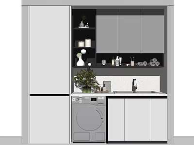 Modern Bathroom Cabinet Frame With White Storage Shelves Washing Machine And Countertop Faucet 3d model