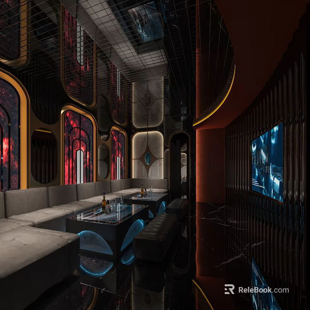 Luxurious KTV Interior Design With Comfortable Sofas Large Screens And Modern Lighting 3d model
