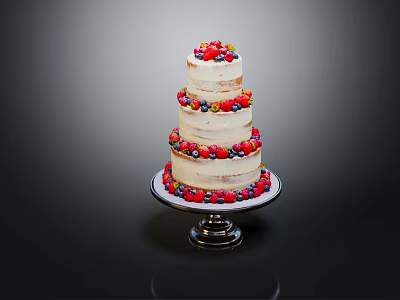 Three Tier Naked Cake Topped With Fresh Berries And Fruits On Silver Stand 3d model