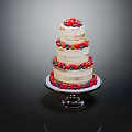Three Tier Naked Cake Topped With Fresh Berries And Fruits On Silver Stand