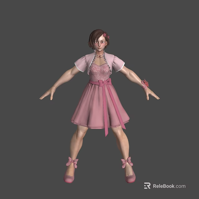 Woman in Pink Lace Dress With Bow Accent Flower Hair Accessory And Outstretched Arms 3d model 