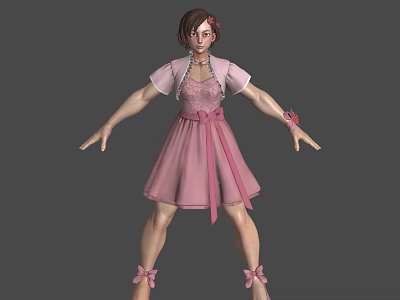 Woman in Pink Lace Dress With Bow Accent Flower Hair Accessory And Outstretched Arms 3d model