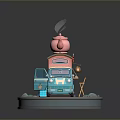 Colorful Food Truck Model with Pink Teapot on Top and Blue Design