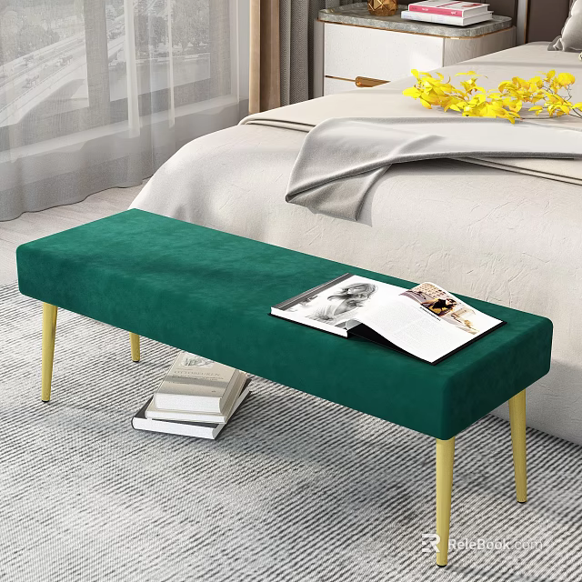 Green Velvet Bedroom Bench With Gold Legs Magazine On Top And Books Nearby 3d model 