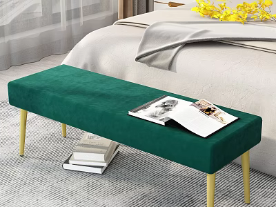 Green Velvet Bedroom Bench With Gold Legs Magazine On Top And Books Nearby 3d model