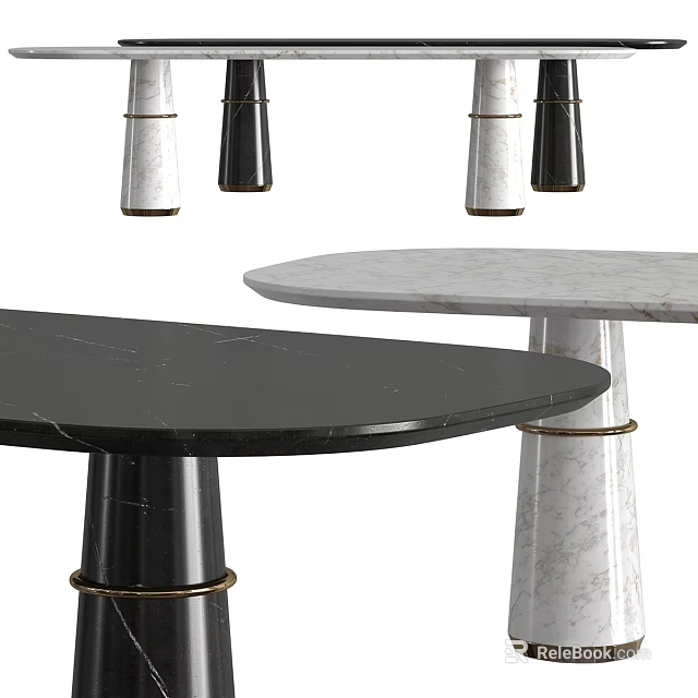 Modern Coffee Table With Marble Top And Black White Legs Featuring Golden Ring Details 3d model 
