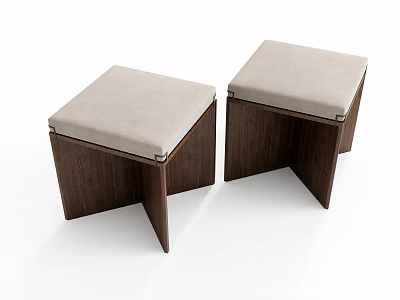 Two Modern Minimalist Wooden Stools With Padded Light Gray Seats And Angular Frames 3d model