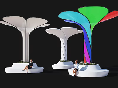 Flower Shaped Columns Featuring White And Colorful Canopies With Seating Pedestals 3d model