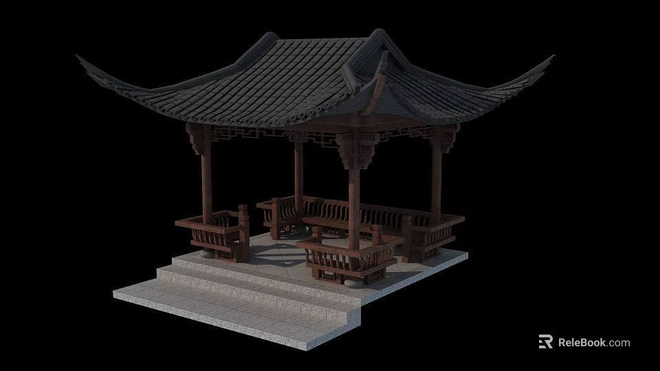 Traditional Chinese Pavilion With Curved Roof And Wooden Bench Seats On Stone Steps 3d model 