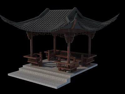 Traditional Chinese Pavilion With Curved Roof And Wooden Bench Seats On Stone Steps 3d model