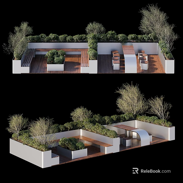 Outdoor Chairs in Cozy Garden Area With Wooden Deck and Lush Green Plants 3d model 