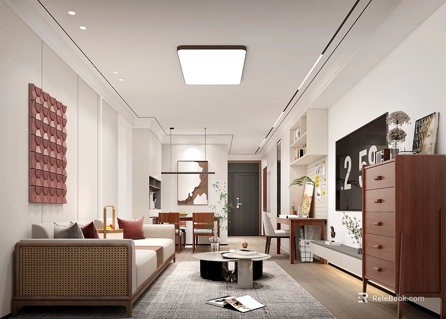 Modern Living Dining Room Interior With Sofa Coffee Table Dining Set Decorative Painting And Pendant Light 3d model 