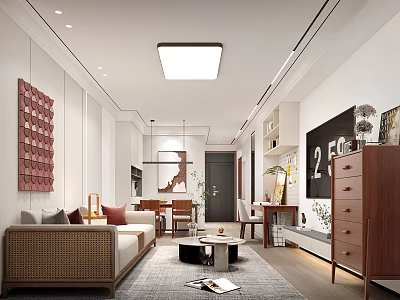 Modern Living Dining Room Interior With Sofa Coffee Table Dining Set Decorative Painting And Pendant Light 3d model