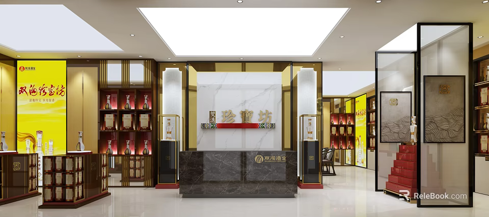 Luxury Wine Boutique Interior With Marble Reception Counter Wine Shelves And Displayed Bottles 3d model 