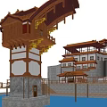 Cartoon Scene of Traditional Chinese Wooden Architecture with Red Windows Overhanging Eaves and Mountain Backdrop