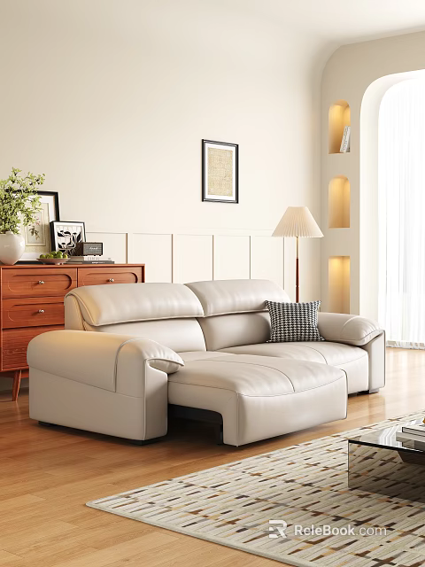Modern Beige Leather Sectional Sofa In Living Room With Wooden Cabinet Floor Lamp And Artwork 3d model 