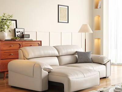 Modern Beige Leather Sectional Sofa In Living Room With Wooden Cabinet Floor Lamp And Artwork 3d model