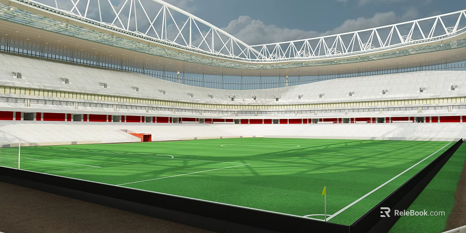 Modern Sports Stadium With Green Football Pitch White Roof Structure And Seats 3d model 