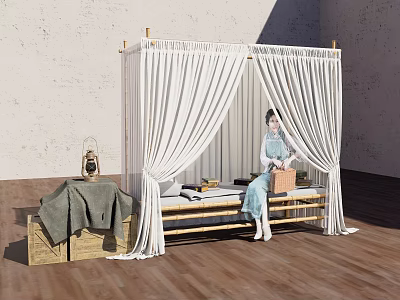 Single Bed with White Canopy Wooden Frame Traditional Attire Near Wooden Chest Lantern Green Cloth 3d model