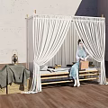 Single Bed with White Canopy Wooden Frame Traditional Attire Near Wooden Chest Lantern Green Cloth