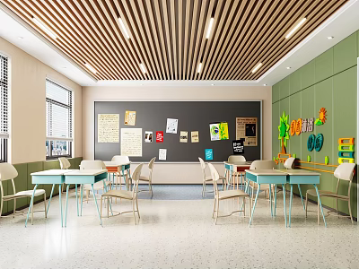 Modern School Classroom Interior With Green Walls Wooden Ceiling And Desks 3d model