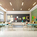 Modern School Classroom Interior With Green Walls Wooden Ceiling And Desks