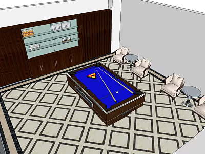Indoor Game Room Featuring Blue Felt Billiard Table With Wooden Cabinets And Comfortable Chairs 3d model