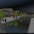 Classical Commercial Street With Water Canal Green Trees Pedestrians And Outdoor Seats