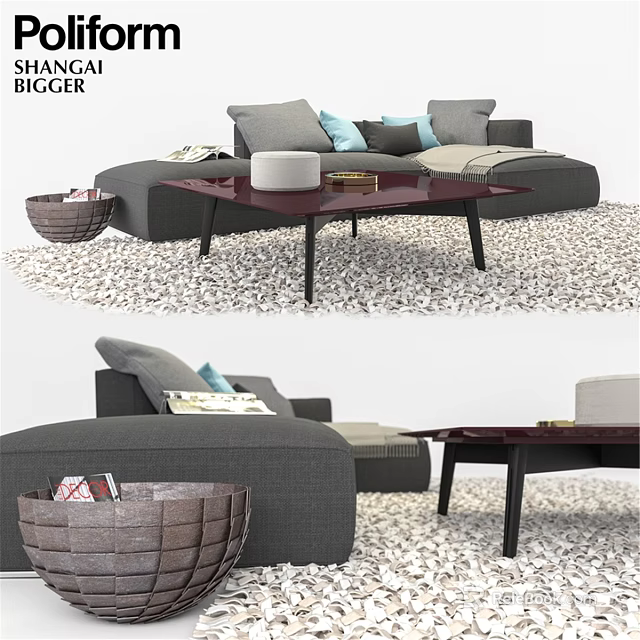 Gray Two Seater Sofa With Blue Cushions Brown Coffee Table And Pebble Patterned Rug 3d model 