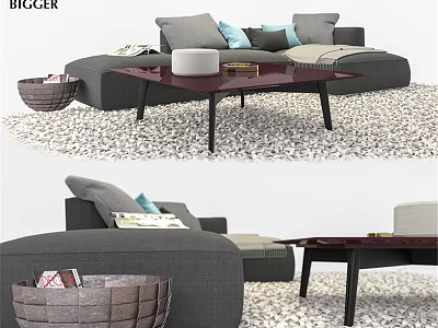 Gray Two Seater Sofa With Blue Cushions Brown Coffee Table And Pebble Patterned Rug 3d model