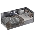 Cozy Modern Children's Bed With Velvet Upholstered Vertical Striped Headboard And Soft Pillows And Blankets