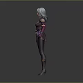 3D Female Character Model With Blue Gray Hair And Dark Purple Accented Outfit