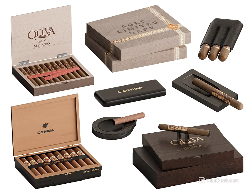 Elegant Cigar Accessories Collection With Wooden Boxes Humidor And Premium Cigars 3d model 