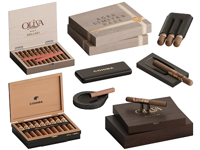 Elegant Cigar Accessories Collection With Wooden Boxes Humidor And Premium Cigars 3d model